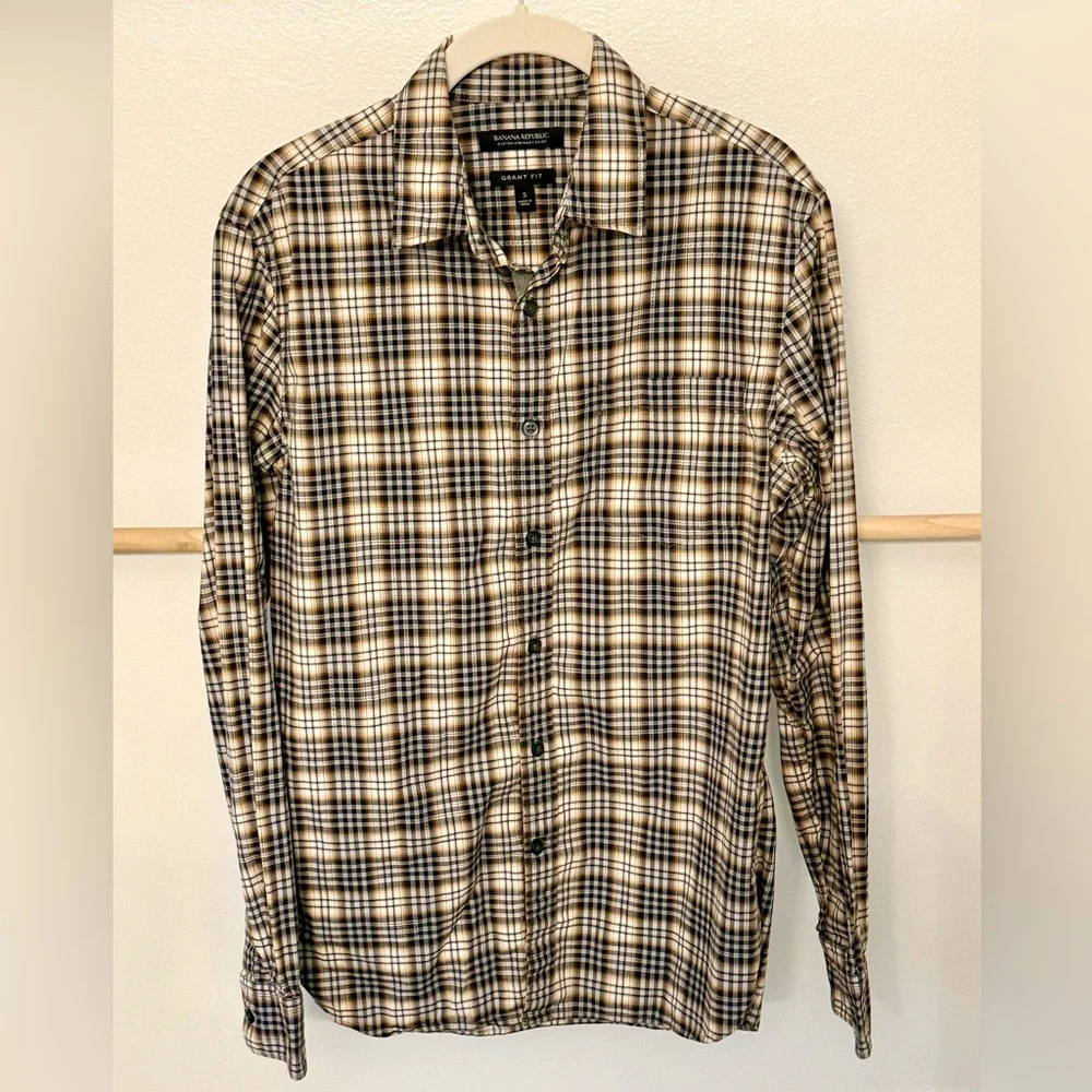 Banana Republic Men’s Grant Fit Button Down Long Sleeve Shirt Brown/Tan/Blk Sz S